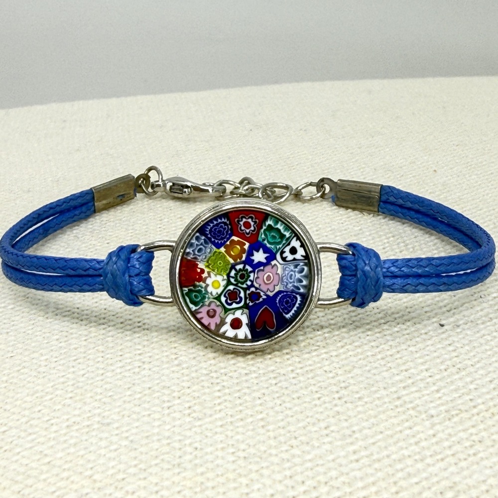 Murano Glass Bracelet Millefiori Blue Cord Made in Italy Floral‎ Mosaic Charm